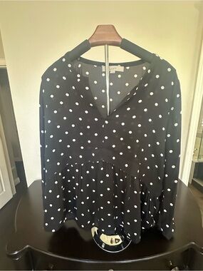 LOFT Black and White Polka Dot Peplum Top